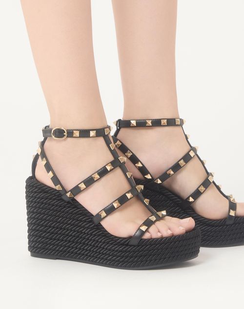 Valentino Garavani - Rockstud Ankle Strap Wedge Sandal In Calfskin Leather 95 Mm - Black - Woman - Espadrilles And Wedges